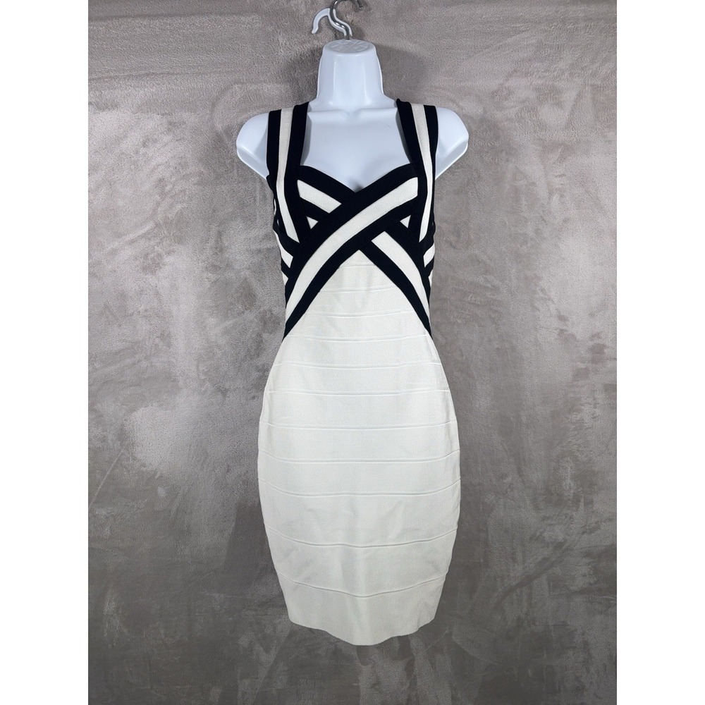Herve Leger Bandage Bodycon Dress Womens Large White Black Colorblock